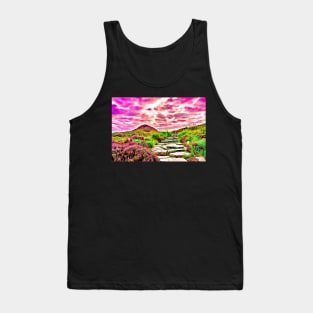 Purple Aesthetic Mountain Landscape Field of Flowers Stone Steps Tank Top